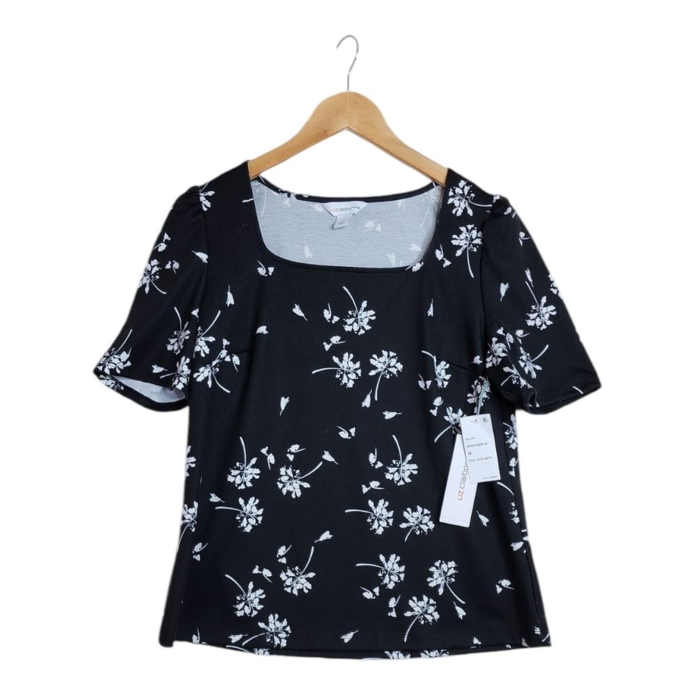 New Liz Claiborne Square Neck Floral Print Short Sleeve Top Size Medium Black